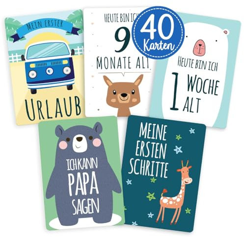 40 Baby Meilenstein-Karten für Jungen mit hochwertiger Verpackung von Cozy Racoon - Meilensteinkarten als Geschenk zur Geburt, Babyparty, Schwangerschaft