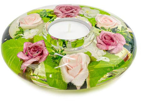 Teelichthalter UFO Rose, Glas-Kerzenhalter, Handarbeit, dekorativer Kerzenhalter, Ø 12,5cm
