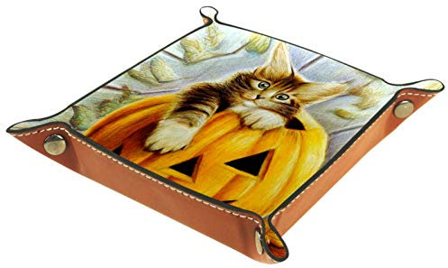 ZORE_FINE5 Quadratische Schmucktabletts aus Leder, Würfel, Spiele, Schlüssel, Münzen, Süßigkeiten, Aufbewahrungsbox, faltbar, 11,5 cm, bemalter Kürbis, Katze