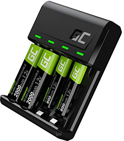Green Cell VitalCharger - Caricatore + 2 batterie AA 2000 mAh + 2 batterie AAA 800 mAh per NI-MH AA AAA R6 R03 Mignon con micro USB-C. Sistema di ricarica a 4 canali - ricarica da 1 a 4 AA o AAA, LED