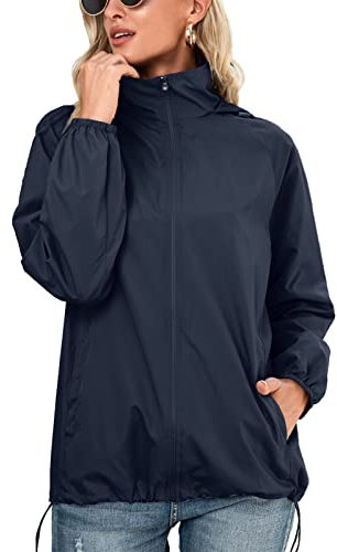 SotRong Veste imperméable pour femme - Veste de pluie légère pour printemps et été - Séchage rapide - Fermeture éclair - Veste d'extérieur à capuche, bleu marine, M