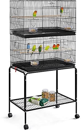 Yaheetech Gabbia a 2 Piani Voliera per Uccelli Pappagalli Inseparabili Calopsite con Piedistallo in Metallo da Interno e Esterno Nero