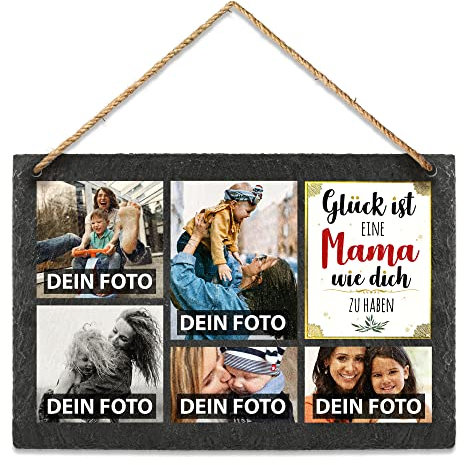 PR Print Royal Schieferplatte selbst gestalten - mit 5 Fotos Bedrucken - Glück ist eine Mama wie Dich zu haben - Geschenk Muttertag, Geburtstag, Weihnachten, Schiefertafel zum Aufhängen, 20 x 30 cm