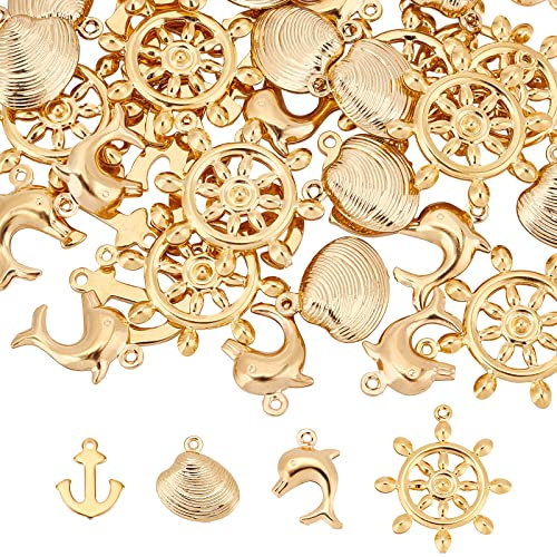 DICOSMETIC 40 Stück 4 Stil Edelstahl Goldene Muschel Anhänger Delphin Anhänger Helm Anhänger Anker Anhänger Nautische Anhänger Ozean Charme Für Armband Halskette Ohrringe Herstellung