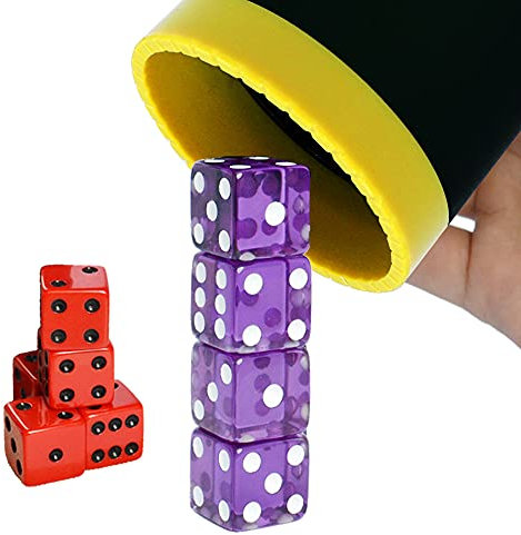 MEISHUNUK Dice Stacking Cup(Black) Set with 4 Pcs 19mm(Puple) and 5 Pcs 18mm(Red) Standard 6 Sided Dices, with Storage Bag-Magic Tricks Instruction