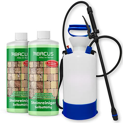 ABACUS® Steinreiniger Set, selbsttätiger Algenentferner & Flechtenentferner, 40% Wirkstoff, gegen Flechten & Algen auf Pflastersteinen – Steinreiniger 2x 1000 ml inkl. Drucksprüher (7817.2)