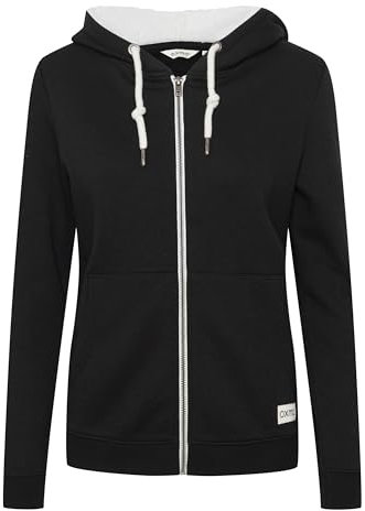 OXMO OXBinja Damen Lange Sweatjacke Kapuzenjacke Hoodie mit Teddyfell-Kapuze, Größe:S, Farbe:Black (194007)
