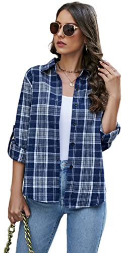 Famrrifuu Chemise Femme a Carreaux Classique Chemisier en Flanelle Chic et élégant Blouse Shirt Coton Décontractée,Bleu,S