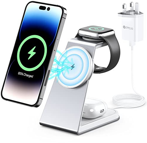 3 in 1 Wireless Charging Station for MagSafe,Aluminum Alloy Magnetic Wireless Charger,15W Fast for MagSafe Charger Stand Compatible with iPhone 16/15/14/13 Series,Apple Watch Series,Airpods 3/2/pro