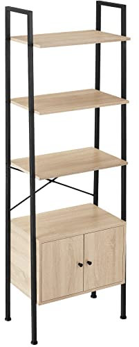 tectake® Industrial Leiterregal mit 4 Ebenen + Schrankfach, Regal schmal 57,5x34x173cm, Bücherregal Wand, als Raumteiler Regal, Küchenregal Wand, Nischenregal - Industrial Holz hell, Eiche Sonoma