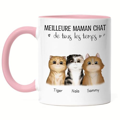 Kiddle-Design Propriétaire de chat Mug Rose Personnalisé Cadeau Maman chat Amoureux des chats Slogan Nom Ami des chats Animal de compagnie 3 chats