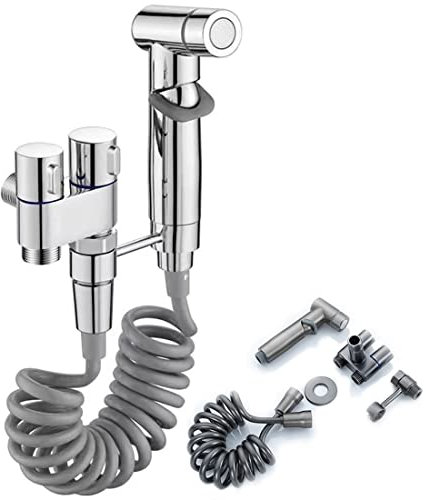 1-In-2-Out Dual Control Valve,Bathroom Faucet Double Handle Dual Control,Bathroom Faucet with Pull Out Sprayer,Bathroom Faucet,Easy to Assemble,1-In-2-Out Faucet for Toilet,Bidet and Bathroom (Silver)