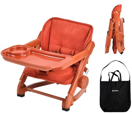 Unilove Feed Me 3 en 1 Silla Alta de Viaje y Asiento Elevador para Bebés y Niños Pequeños - Transicional, Compacto y Se Adapta a Cualquier Silla, Bandeja Giratoria, Pumpkin Orange