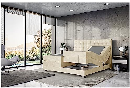 MEBLINI Boxspringbett Elektrisch Verstellbar - Gepolstert Doppelbett mit Matratzen und Toppers - Polsterbett - Bett mit Kopfteil - Edison - 180x200 - H3/Beige Samt