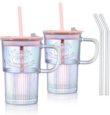 Joeyan 430ml Iridescent Glass Tumbler with Straws and Lids, Cute Glass Mug Iced Coffee Cup with Handle Set of 2, Colored Glasses Drinking Jar for Smoothie Matcha Coffee Tea Juice Beverages