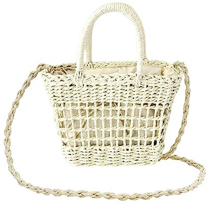 NICOLE & DORIS Stroh Umhängetasche Damen Strohtaschen Sommer Strandtasche Schultertasche Klein Handy Handtasche Mädchen Gewebte Tasche Eimertasche für Urlaub Reisen Beige