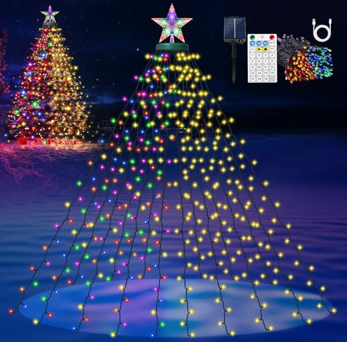 Iluminación solar para árbol de Navidad con anillo Star Topper, cadena de luces para árbol de Navidad, 400 LED con 11 modos, temporizador, resistente al agua, funciona con USB, iluminación de Navidad