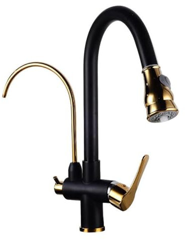 Mitigeur Cuisine 3 Voies Osmoseur avec Douchette Extractible, Pivotant Eau Filtrée 3 en 1 Robinet de Cuisine-Noir + Or
