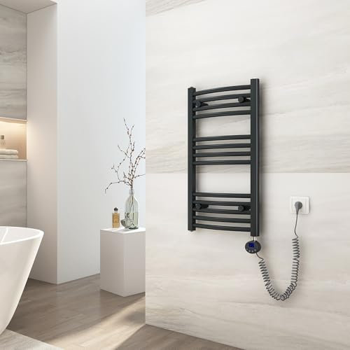 EMKE Scaldasalviette elettrico bagno,Curvo,75 x 40cm, 250W,Scaldasalviette con Termostato,Bianco,Radiatore da Bagno,Termoarredo Asciugamani da Bagno