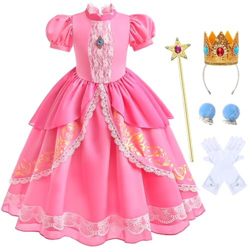 Snyemio Prinzessin Peach Kostüm für Mädchen, Kinder Rosa Pfirsich Cosplay Kleid Halloween Karneval Verkleidung mit Zubehör, Rosa, 128-134(Etikett 130)
