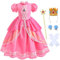 Snyemio Prinzessin Peach Kostüm für Mädchen, Kinder Rosa Pfirsich Cosplay Kleid Halloween Karneval Verkleidung mit Zubehör, Rosa, 128-134(Etikett 130)