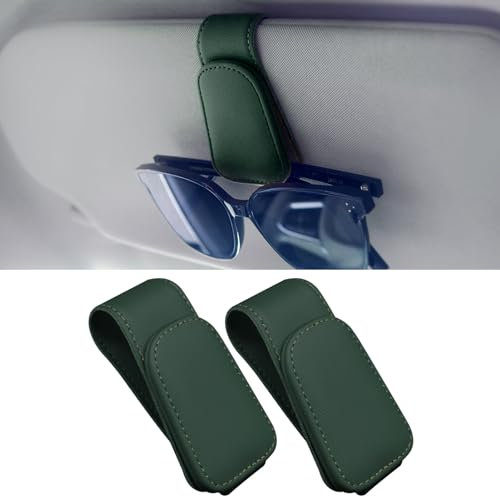 Anwlki Brillenhalt Brillenhalter für Auto Sonnenblende 2 Packungen Magnetisch Leder Sonnenbrillenhalter Auto Brillenhalterung Ticket-Karten-Clip (Dunkelgrün)