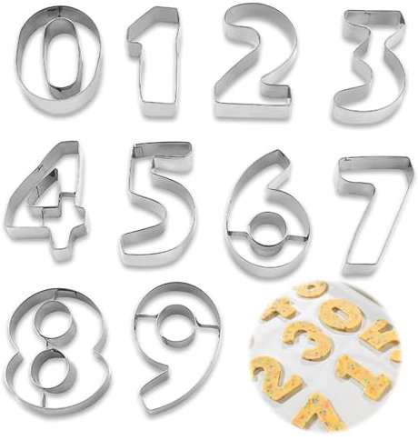 10 formine per biscotti con numeri da 0 a 9, in acciaio inox, per biscotti, cuocere, torte, fondente, fai da te