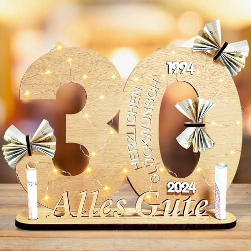 Qunkun Geldgeschenke Geburtstag, Geschenke zum 30 Geburtstag Frau Mann, 30 Geburtstagszahlen Holz Schild Gästebuch mit LED Lichterkette, Kreatives Geldgeschenke, Geburtstag Deko für Freunde/Familie