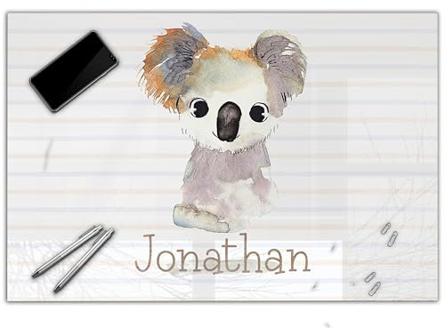 Schreibtischunterlage personalisiert mit Namen | wasserfeste Schreibunterlage, abwischbar, glatt | stabiles, hochwertiges Acrylglas, Kinder Kunststoff Tiere | 80x50cm 09- Koala