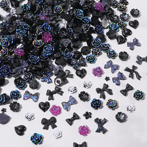 Resin Nail Charms, 400PCS Multi Shapes Flower Bow Bear Moon Heart Nail Art Rhinestones, DIY Crafts Jewelry Accessories (Black)