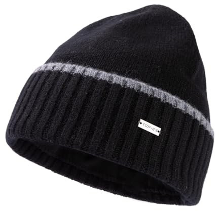 TOP-EX XL/XXL Unisex 100% Merinowolle Winter Beanie Herren Warm Wintermuetze Fleece Futter Wollmuetze Strickmuetze Schwarz XL/XXL