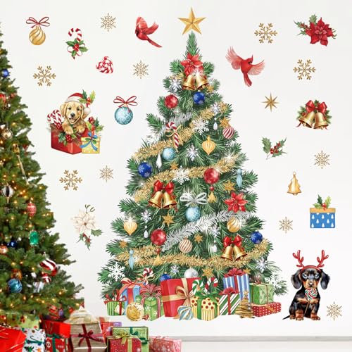 wondever Pegatinas de Pared Navidad Árbol de Navidad Grande Adhesivos Pared Decorativos Ventanas Navidad Perro Pájaros y Flores Vinilos Pared Puerta Escaparate Ventanas Decoració De Navidad