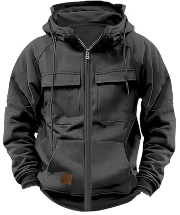 YCBMINGCAN Cargo Jacke Fall Hoodie Herren Einfarbig Langarm Sweatjacke Mit Reißverschluss Kapuzenpullover Loose Fit Tops Herren Zip Up Hoodies Männer Leicht Kapuzenjacke Outdoor (Dark Gray #1, XXL)