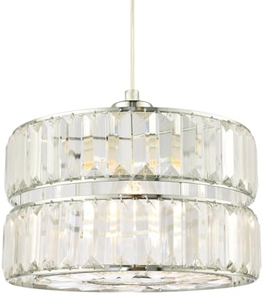 Modern Designer Double Tier Easy Fit Pendant Shade with Rows of Clear Acrylic Prisms | 15cm x 25cm | Polished Chrome Plated Metal Frame by Happy Homewares