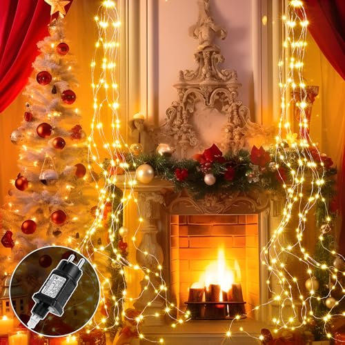 Apritsce Lichterschweif 2 Stück, 2 M 200 LED Lichterkette mit Stecker, Lichterkette Wasserfall 8 Modi, LED Weihnachtsbeleuchtung mit Timer, Lichterbündel für Weihnachten Balkon Innen Deko (Warmweiß)