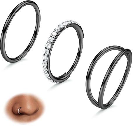 BodyBonita 3 Stück Nasenpiercing – 316L Edelstahl Doppelt Reifen Nasenring 20G CZ Septum Piercing Helix Conch Tragus Daith Ohrring lippenpiercing Schmuck Hypoallergen Frauen Männer Schwarz 9mm