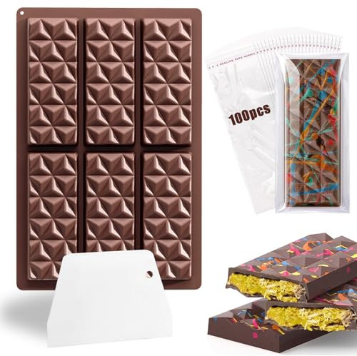 6 Tafeln Schokoladenform Silikon, Tief Schokoladentafel Form mit Schaber und Tasche, Antihaftbeschichtung Schokoladenform, Extra Tief Schokolade Form für Schokolade Praline Süßigkeiten