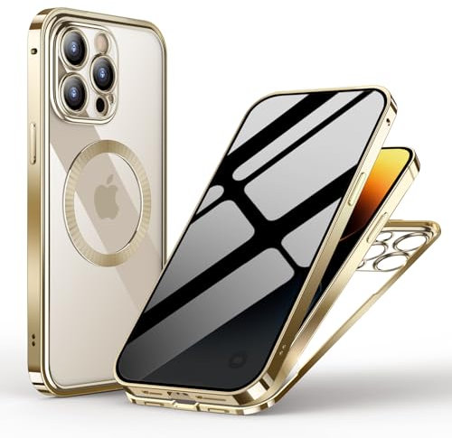 Privacy Case for iPhone 14 Pro Max,Compatible with MagSafe,Front and Back Tempered Glass Metal Bumper Magnetic Case,Anti-Peeping Screen & Camera Protector,360 Full Body Phone Case Cover,Gold
