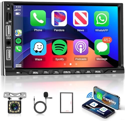Double Din Car Stereo, Hodozzy 2 Din Car Radio with Wireless Carplay and Android Auto, 7 Inch HD Touch Screen Car MP5 with Bluetooth FM Radio, Mirror Link Car Head Unit USB/AUX/TF with Backup Camera