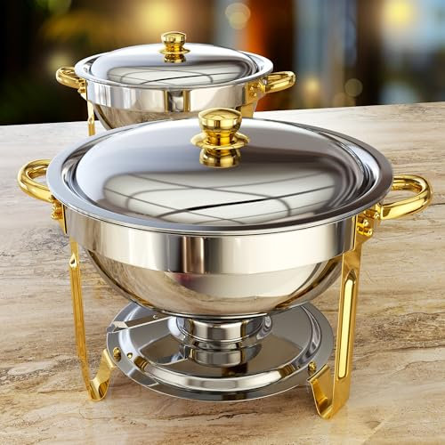 Scaldavivande per buffet, confezione da 2, set di scaldavivande rotondi da 5 qt, in acciaio inox, eleganti colori oro e argento, set per catering, eventi, feste, cene, con set completo