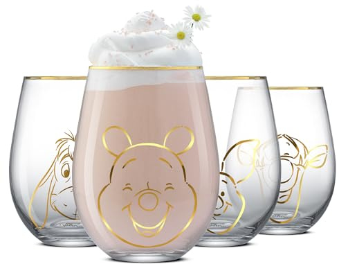 JoyJolt Disney Winnie the Pooh Gold Sketch Stemless Drinking Glasses Set of 4, 19oz Glass Cups ft Pooh Bear Tigger Piglet Eeyore, Disney Kitchen Glassware Set, Winnie the Pooh Adult Gifts