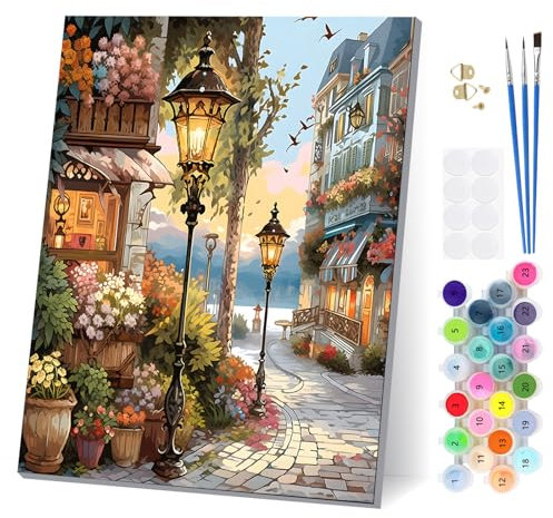 Peinture Numero Adulte Scène de Rue d'une Petite Ville avec Cadre, Paint by Numbers avec Pinceaux Peintures Acryliques, Kit de Peinture à l'huile sur Toile pour Décoration de la Maison 30x40cm