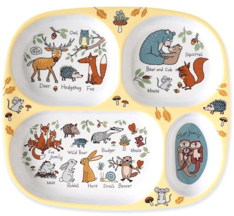 Tyrrell Katz Toddler Divider Plate in Woodland Design with 4 Sections - Dishwasher Safe Melamine Kids Compartment Tray - 24 x 21 x 2 cm
