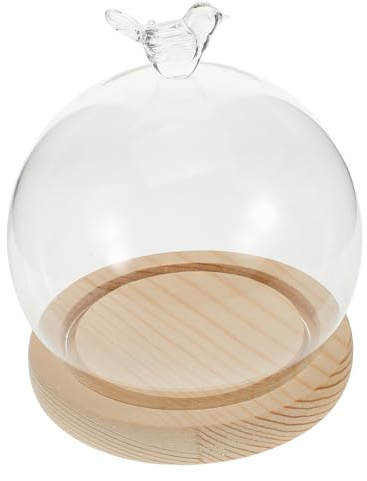Runde Glasglocke mit Holzsockel als Vitrine für Deko Objekte | 1 Satz, Klare Ausführung aus Glas und Holz, Kugelförmig mit Vogelknauf, für Tisch und Zuhause