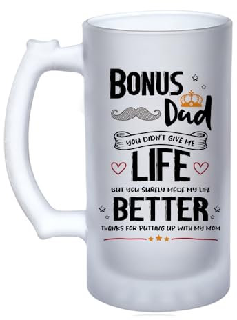 Getagift Bonus dad Thanks for Putting Up with My Mom, Father's Day Appreciation, 16oz Frosted, Tankard, Stein, Pint Beer Glass/Mug.
