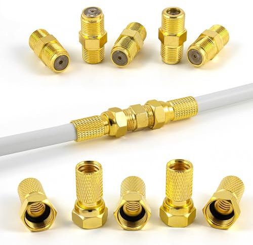 10x F-Stecker, 5x F-Verbinder, Vergoldet, Sat Kabel Verbinder, Koaxialkabel Verbinder, F Stecker Verbinder, 7mm, Extrem Stabil, Breite Mutter, Für Innen und Außen, mit Gummidichtung, von Sterndiscount