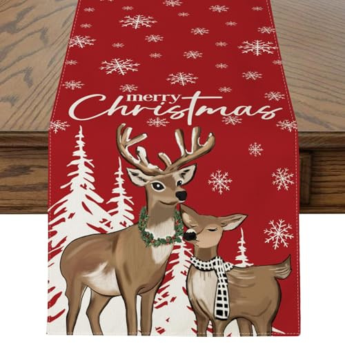 JOTOM Weihnachten Tischläufer, Hirsch Tischläufer Küche Esstisch Dekoration für Party Wohnzimmer Esszimmer Garten, Innen & Außen Weihnachtstischdecke Weihnachtsdeko (40 x 240 cm, Rot)