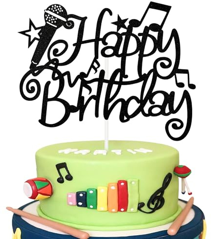 Music Theme Happy Birthday Cake Topper - Black Glitter Microphone Notes Cake Decor for Music Theme Party, Birthday Party Cake Decoration Supplies -Style 1