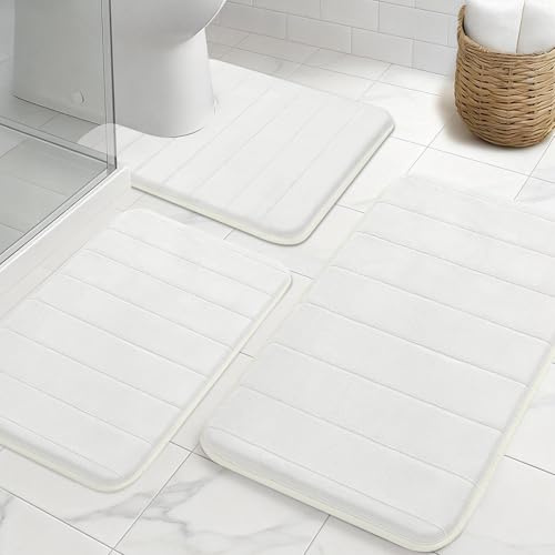 NAKIHOUSE Badezimmerteppich Set 3 Teilig aus Dicke Memory Foam rutschfest Saugfähig Waschbar Weich Schnell Trocknend Badematte Set und U Förmige wc Vorleger für Dusche, WC & Badewanne,Weiß