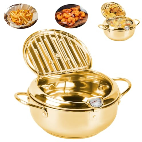 Stainless Steel Deep Frying Pot, Frying Pan with Lid, Frying Chicken Pot with Temperature Control & Oil Drip Drainer Rack, Tempura Fryer Pan for Kitchen Cooking (Gold, 20cm)